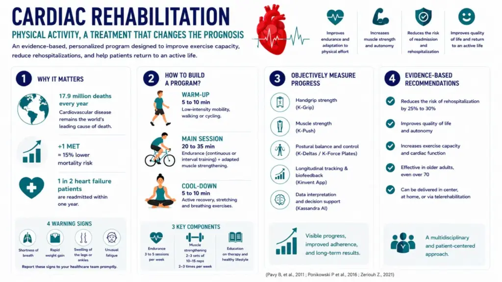 Cardiac rehabilitation infographic showing key benefits, exercise recommendations, objective assessments and evidence-based guidelines.