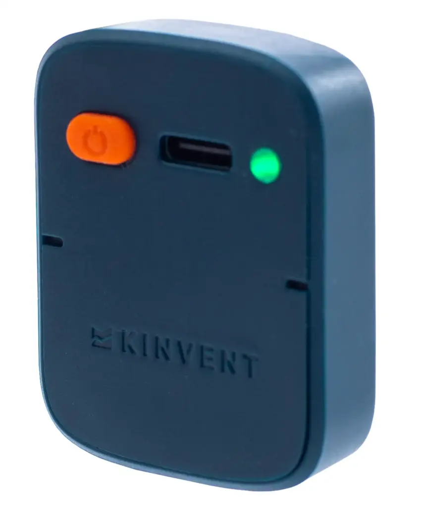 A 3D product render of the blue Kinvent K-Move motion sensor device isolated on a transparent background, displaying its compact casing, logo, orange power button, and charging port