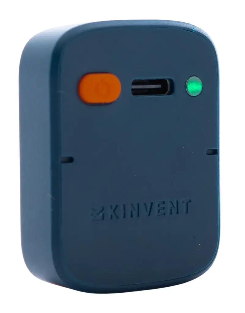 A 3D product render of the blue Kinvent K-Move motion sensor device isolated on a transparent background, displaying its compact casing, logo, orange power button, and charging port