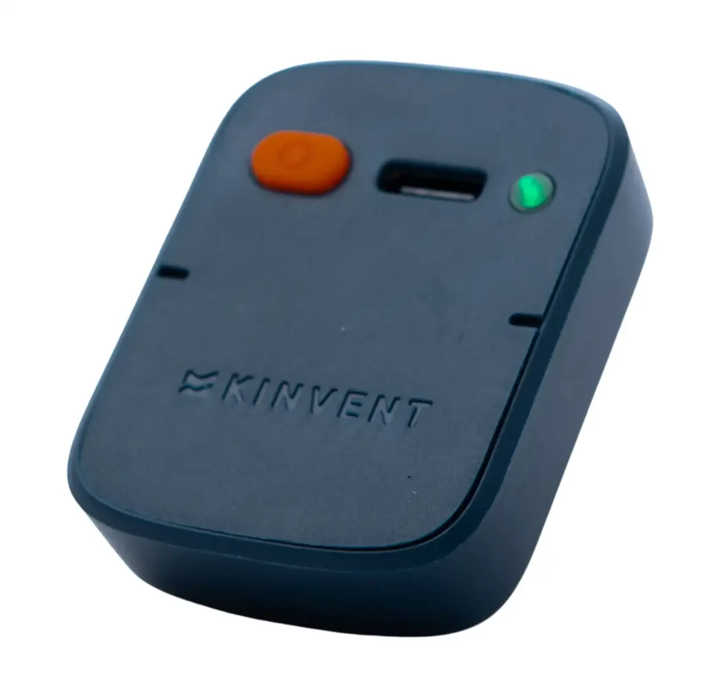 A 3D product render of the blue Kinvent K-Move motion sensor device isolated on a transparent background, displaying its compact casing, logo, orange power button, and charging port