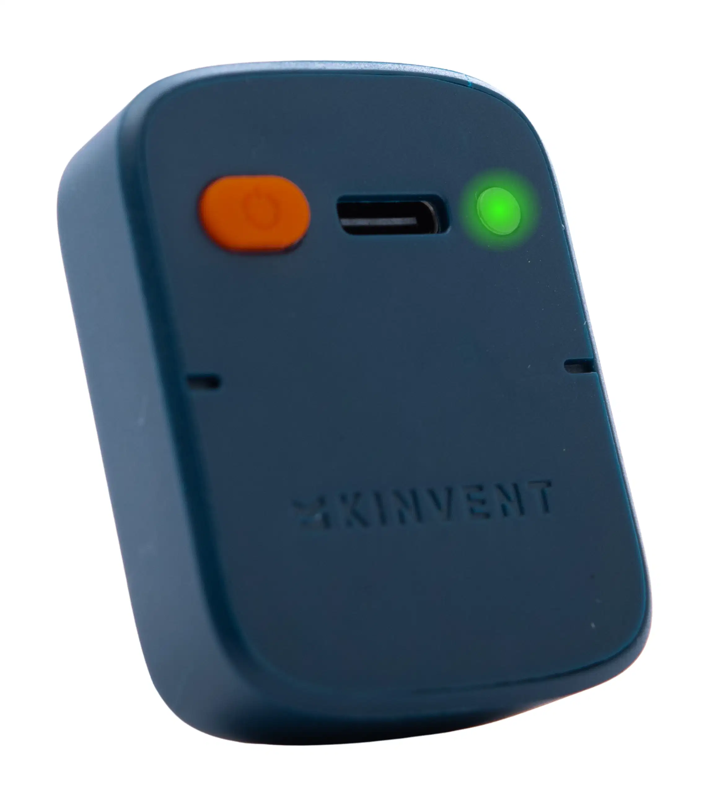 A 3D product render of the blue Kinvent K-Move motion sensor device isolated on a transparent background, displaying its compact casing, logo, orange power button, and charging port