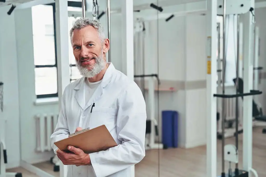 Portrait of a smiling male researcher with a grey beard, wearing a white lab coat and holding a clipboard inside a professional biomechanics or rehabilitation laboratory