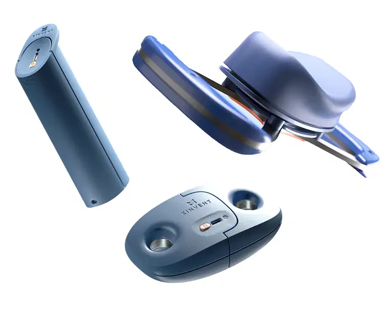A 3D render of various blue Kinvent connected biometric sensors floating, isolated on a transparent background