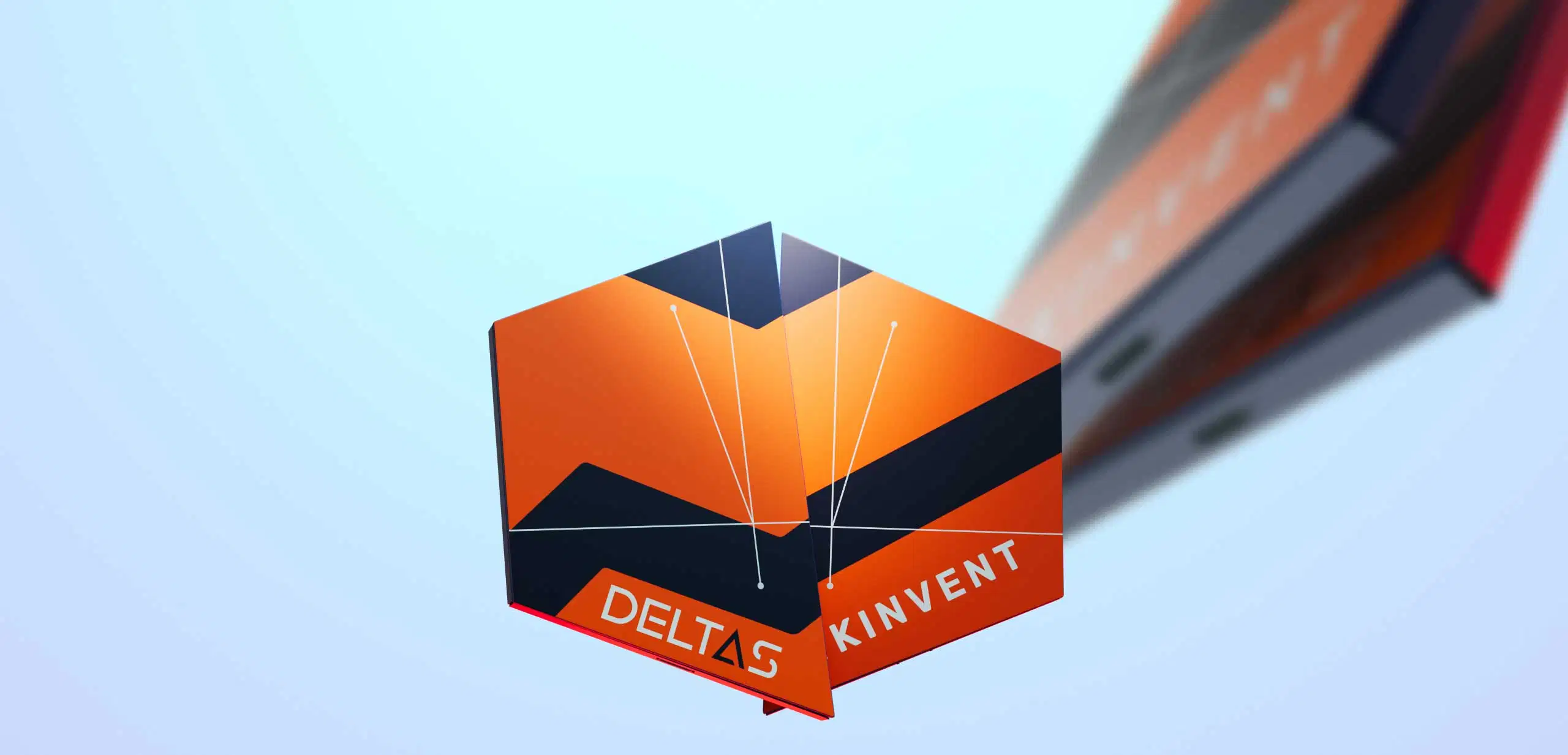 A studio product shot showing a close-up of the Kinvent K-Deltas XL extra-large connected force plates, highlighting their hexagonal orange and black design against a clean gradient blue background