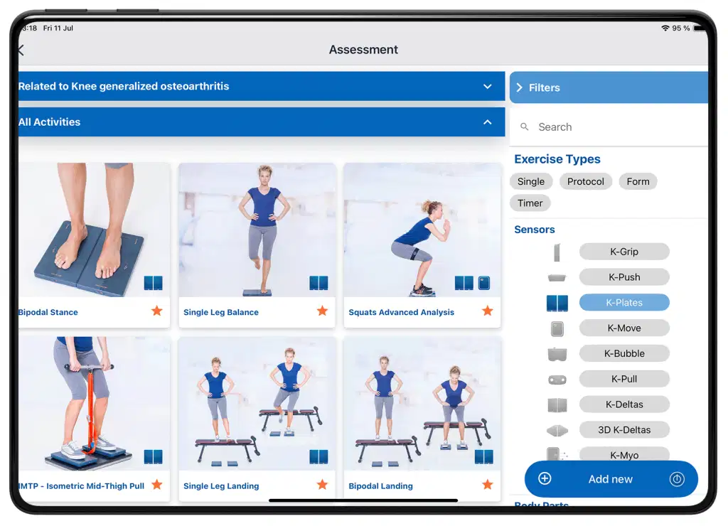 便携式测力板K-Force Plates 53 A tablet screen displaying the Kinvent app's assessment interface with the "K-Plates" sensor filter selected, showing various force plate activities such as bipedal stance, single leg balance, and squats analysis
