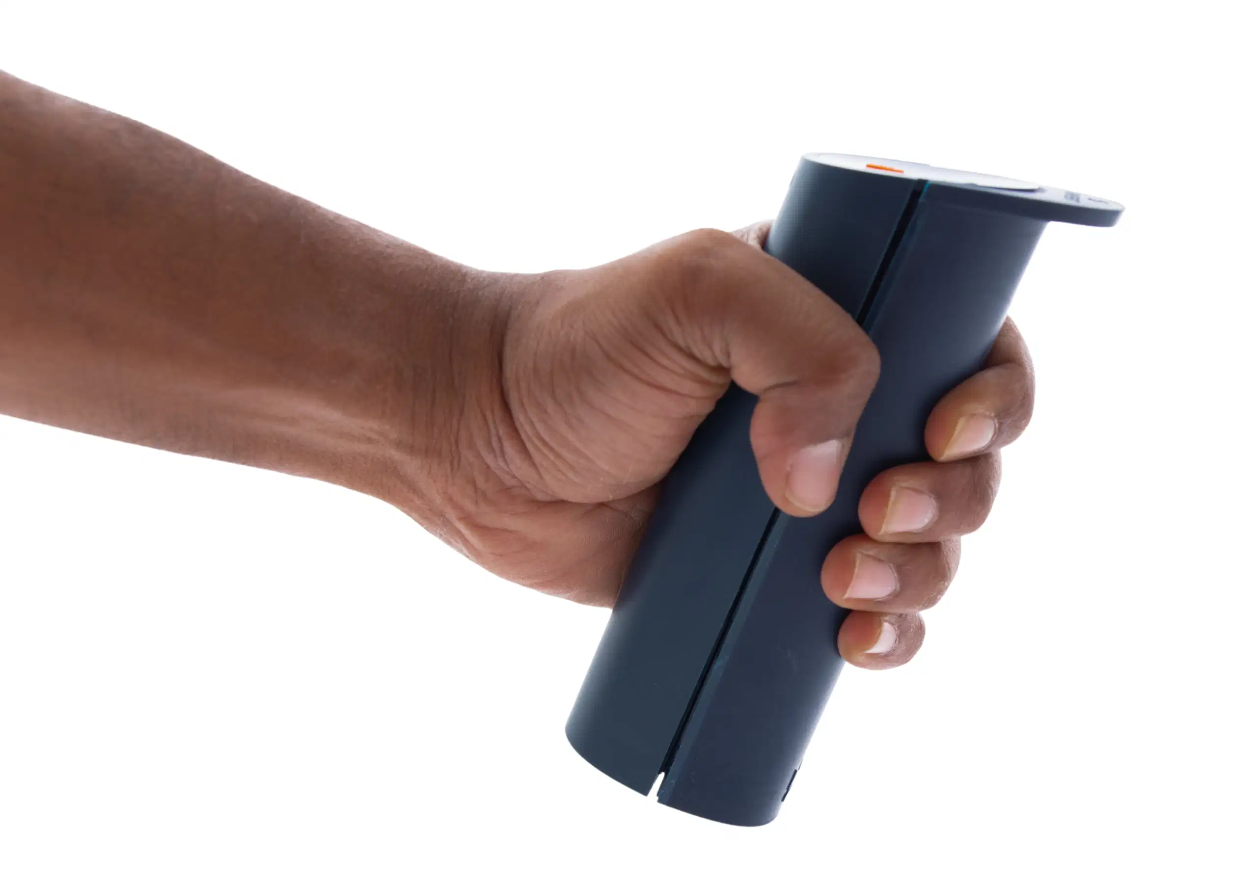 Studio shot of the dark blue Kinvent K-Grip connected hand dynamometer, isolated from a side-angle view on a transparent background