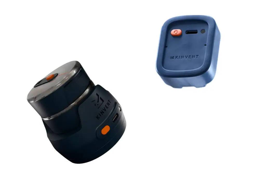 Studio shot of two Kinvent connected sensors, the K-Power pull sensor on the left and the compact K-Move motion tracking sensor on the right, isolated on a transparent background