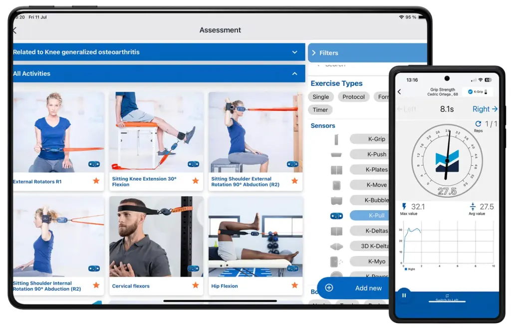 Pathology-Specific Assessments 42 A tablet displaying the Kinvent assessment interface with the "K-Pull" filter selected, showing various traction exercises, next to a smartphone running a live K-Grip strength test