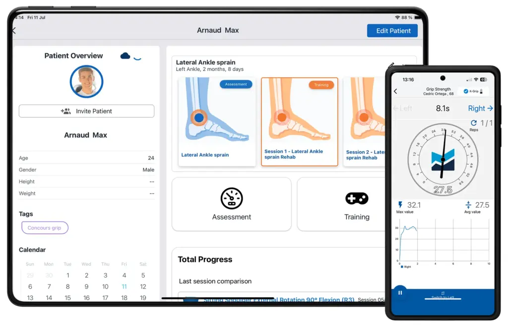 A tablet showing a patient profile interface for ankle sprain rehabilitation next to a smartphone displaying live biofeedback data from a K-Grip grip strength test