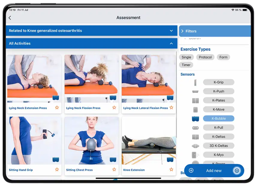 K-Bubble 49 A tablet screen showing the Kinvent app interface filtered for the "K-Bubble" pneumatic sensor, displaying a grid of physical therapy assessment exercises such as neck extensions, chest presses, and knee extensions