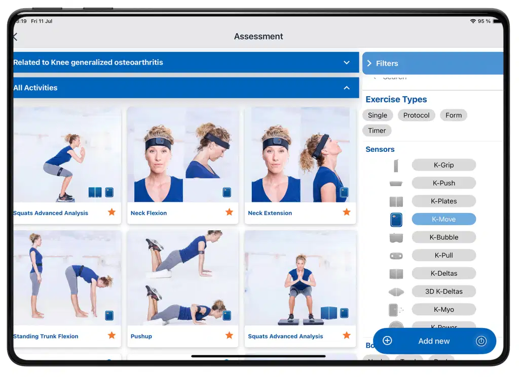 A tablet screen displaying the Kinvent app's assessment interface with the "K-Move" sensor filter selected, showing various physiotherapy exercises like squats, neck flexion, and trunk flexion