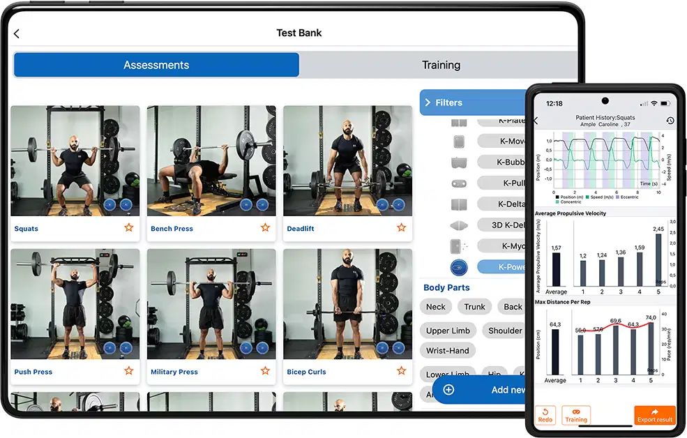 Kinvent Physio application interface displayed on a tablet and a smartphone, showing exercise assessments and biofeedback data graphs