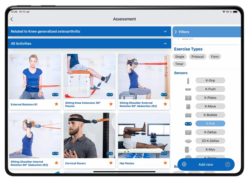 A tablet screen showing the Kinvent app interface filtered for the "K-Pull" sensor, displaying a grid of physical therapy assessment activities such as knee extensions, shoulder rotations, and cervical flexions
