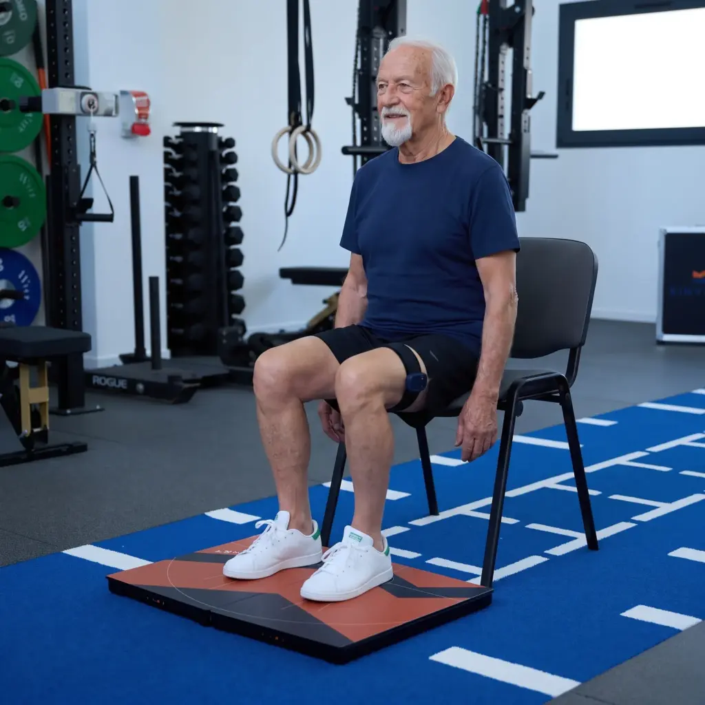 an 80 years old man doing a sit-to-stand test using the K-Deltas and a K-move from Kinvent
