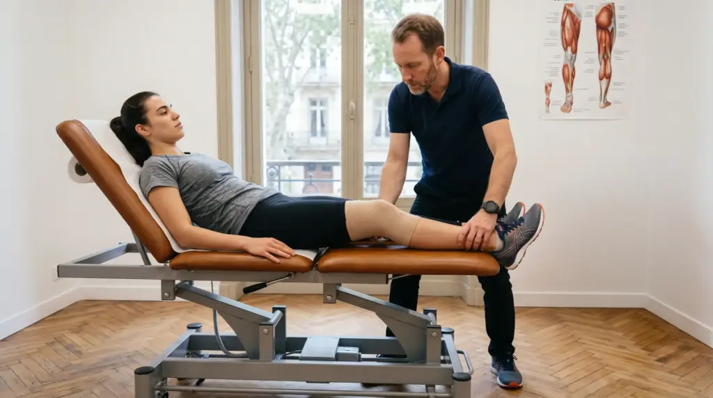 A patient doing a test for ACL with her physiotherapist in the rehab center