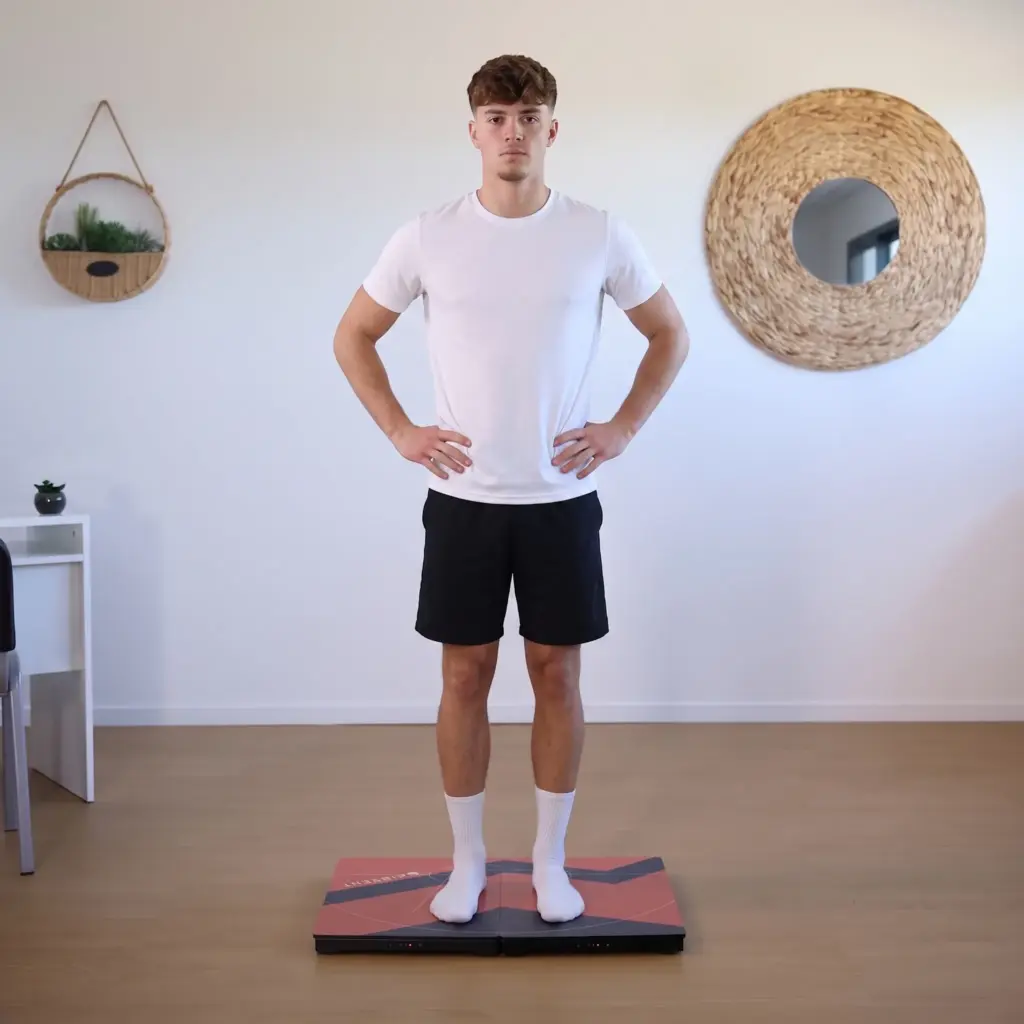 Young athlete doing an assymetry test on the K-Deltas force plates from Kinvent