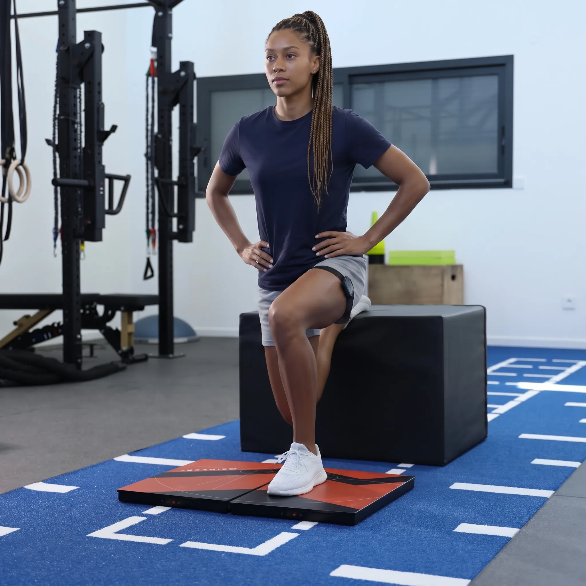 young woman using the box to do a single squat on the K-Deltas force plates from Kinvent