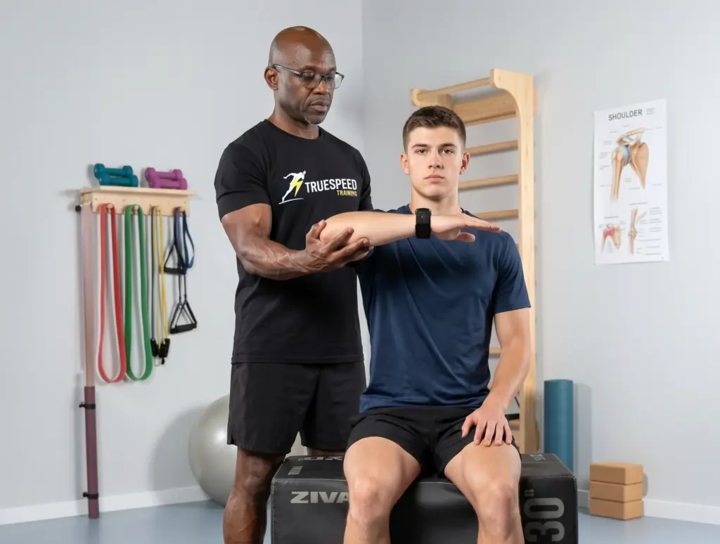 injured baseball player doing elbow mobility test